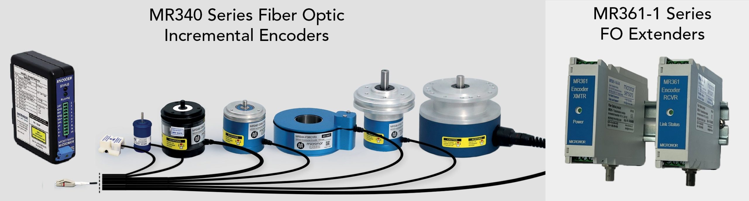 MR340 series Fiber Optic Incremental Encocdrs and MR361-1 series FO Incremental Encoder Extenders